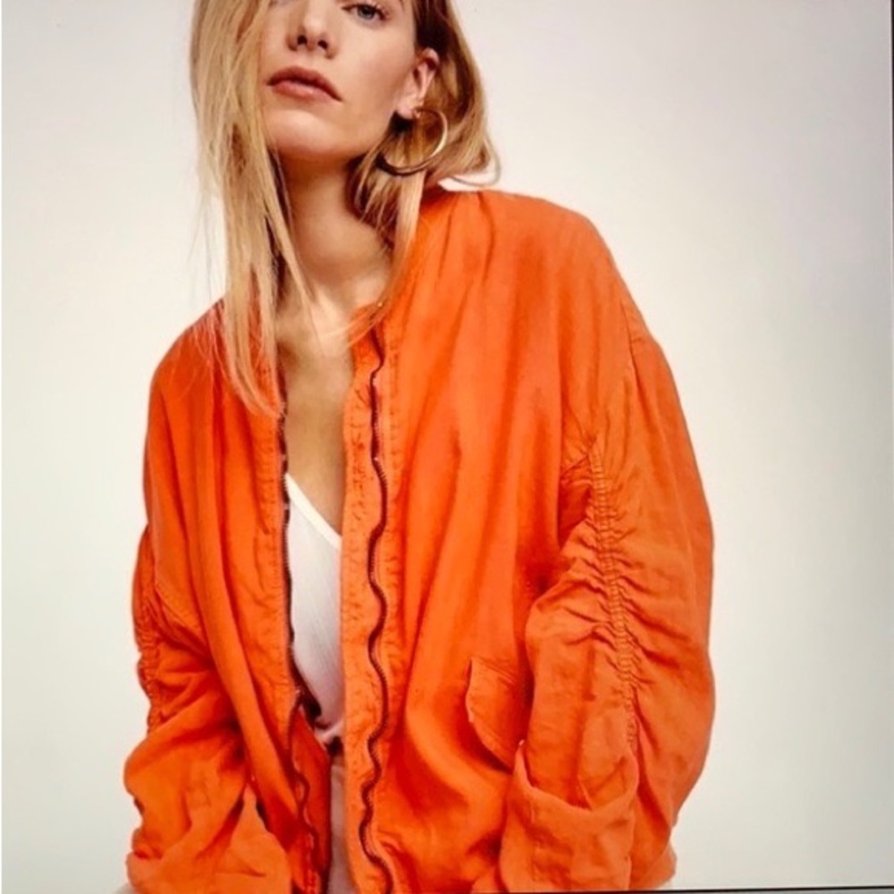 Free People Ruched Linen bomber orange Jacket - Picture 1 of 13